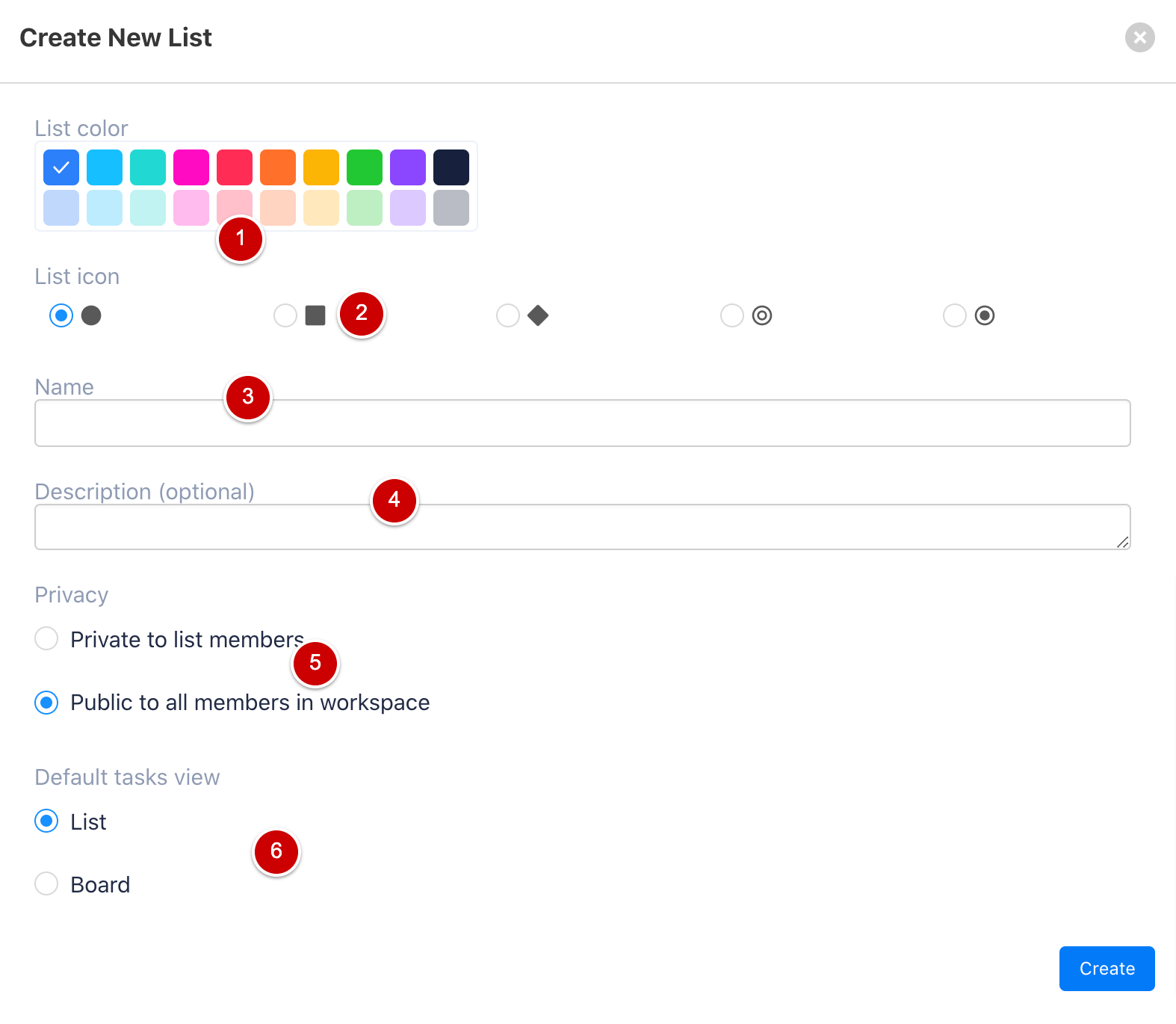 Upbase's project list icon and color options