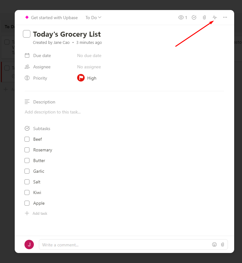 Upbase's task activity log