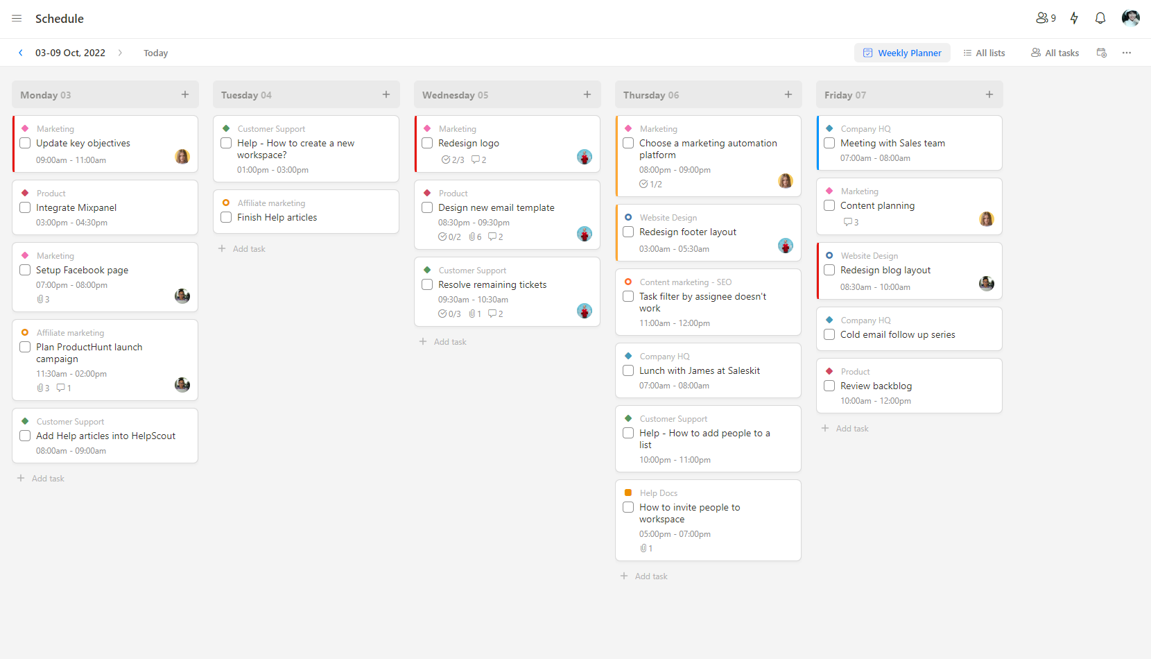 Upbase Weekly Planner view