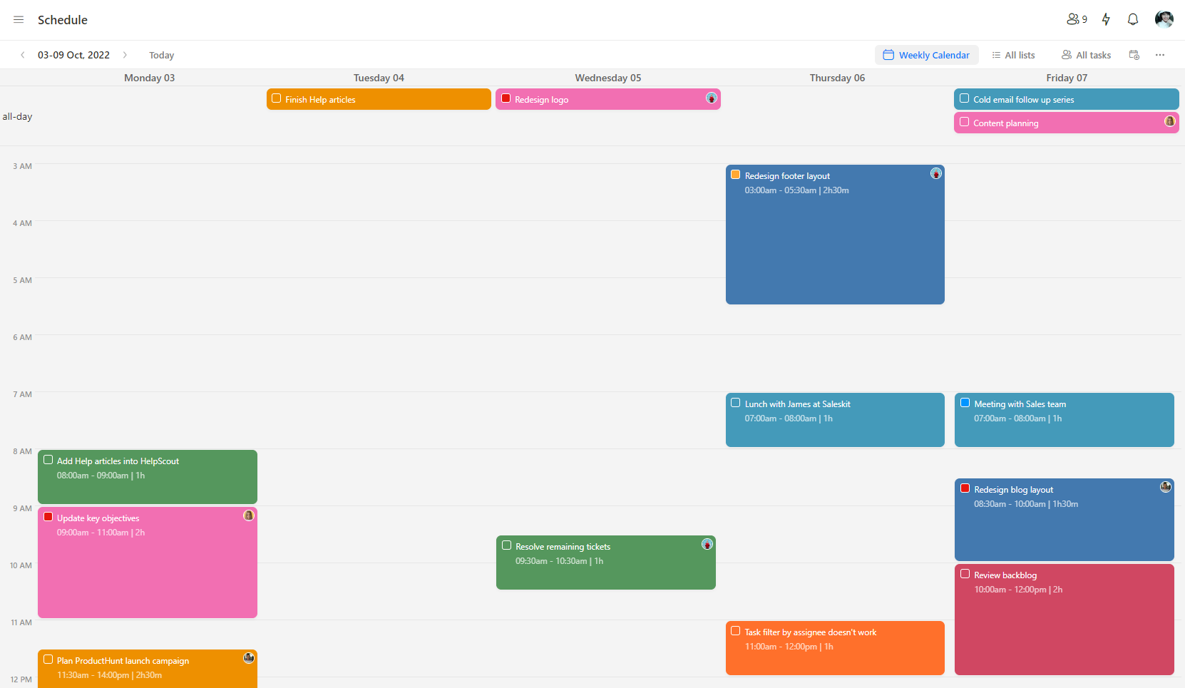 Upbase Weekly Calendar view