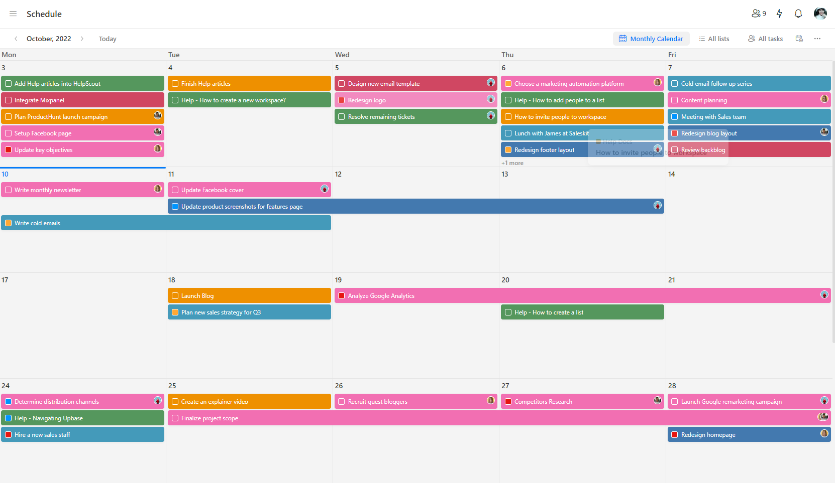 Upbase Monthly Calendar view