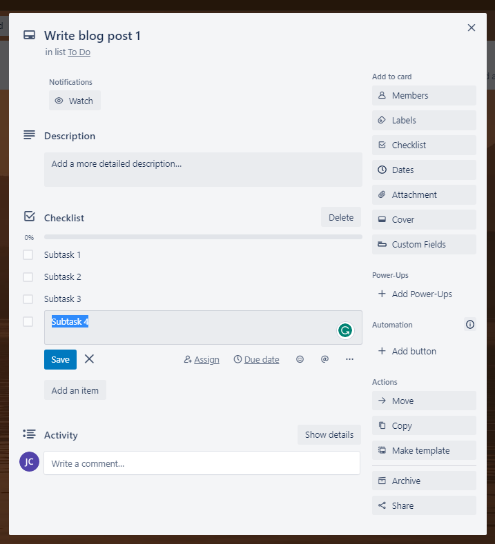 Trello vs Todoist: Trello task fields 