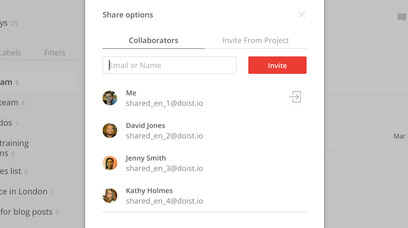 Asana vs Todoist: Invite others to Todoist projects