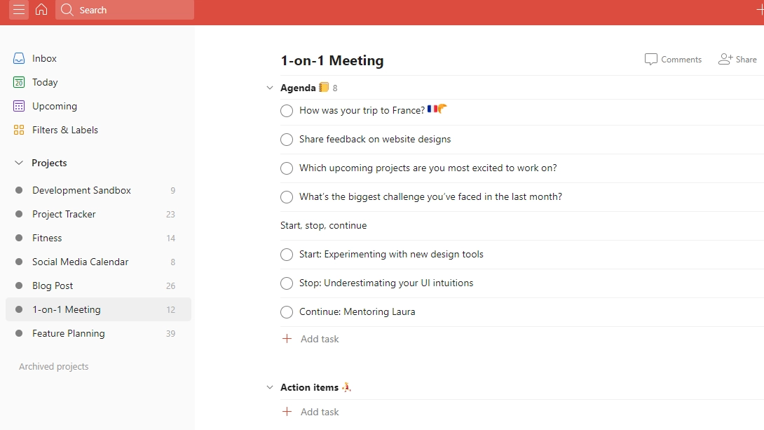 TickTick vs Todoist: Todoist layout