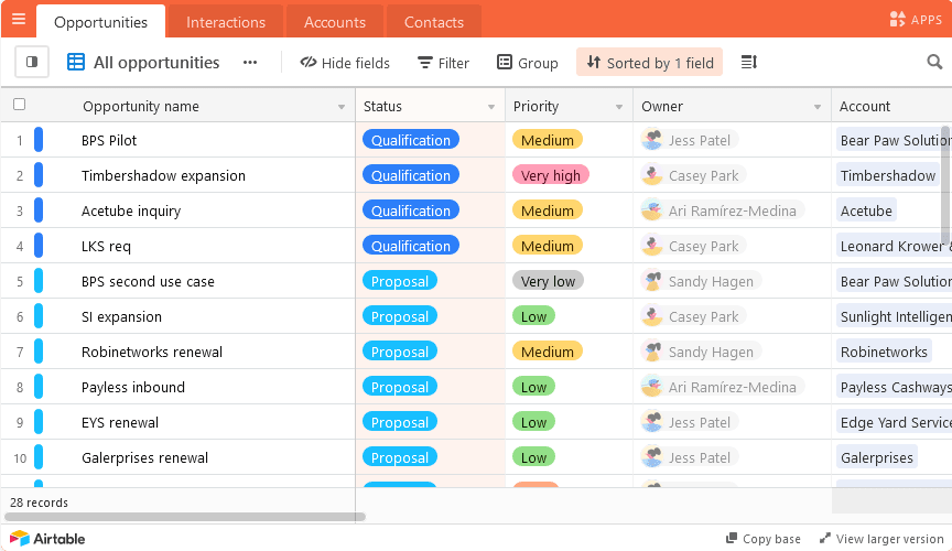 Infinity project management tool: Airtable's table view