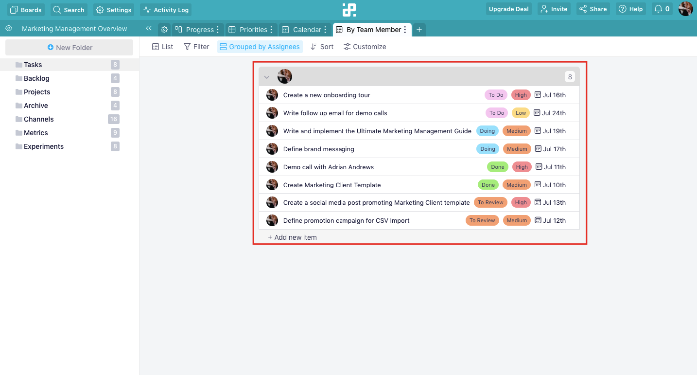 Infinity project management tool: List view