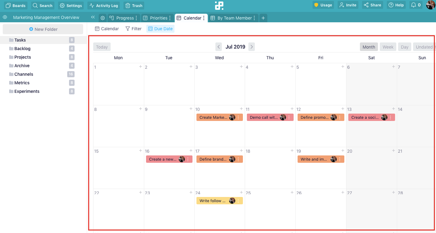 Infinity project management tool: Calendar view
