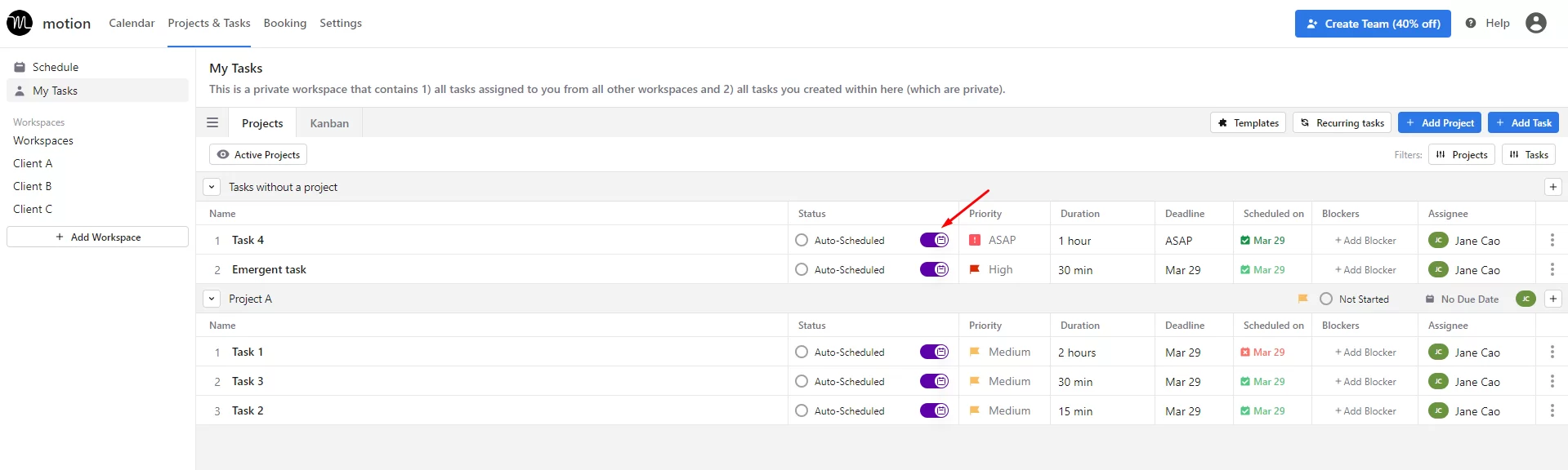 Sunsama vs Motion: Motion Auto-schedule switch