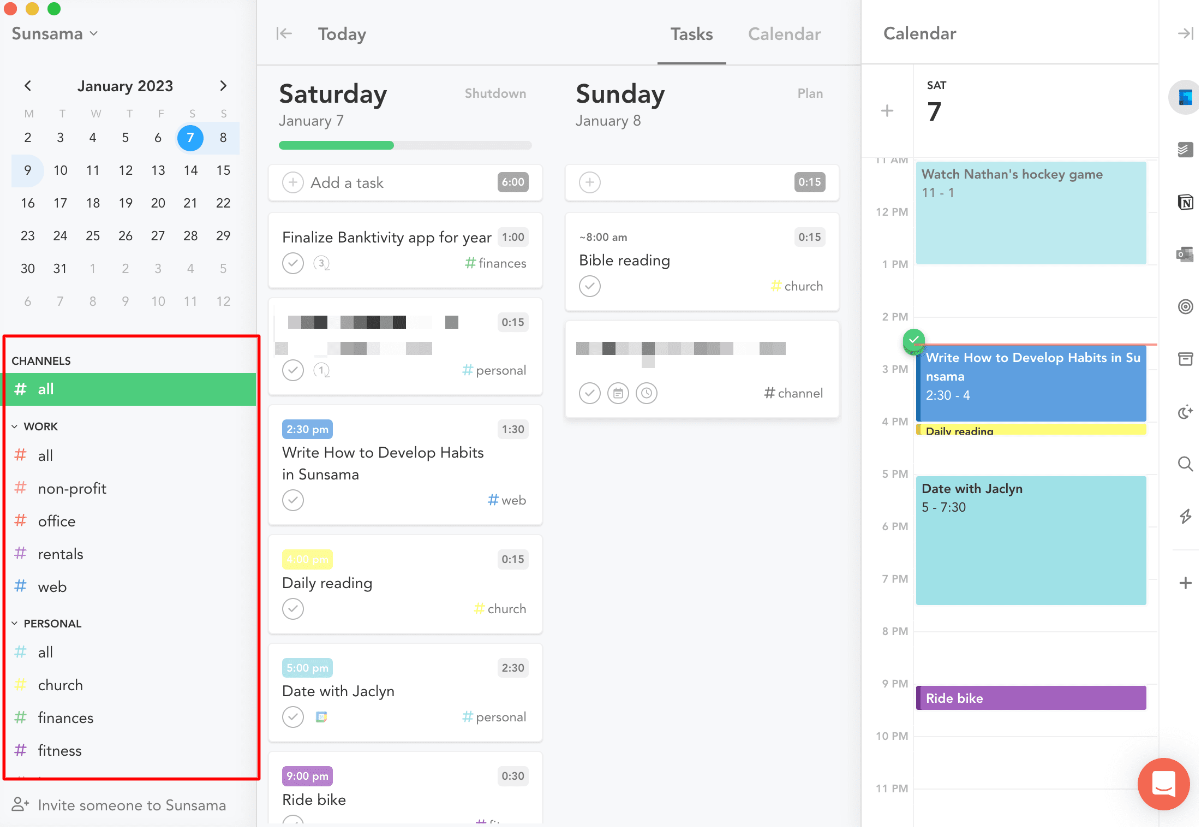 Sunsama vs Motion: Sunsama channels and contexts