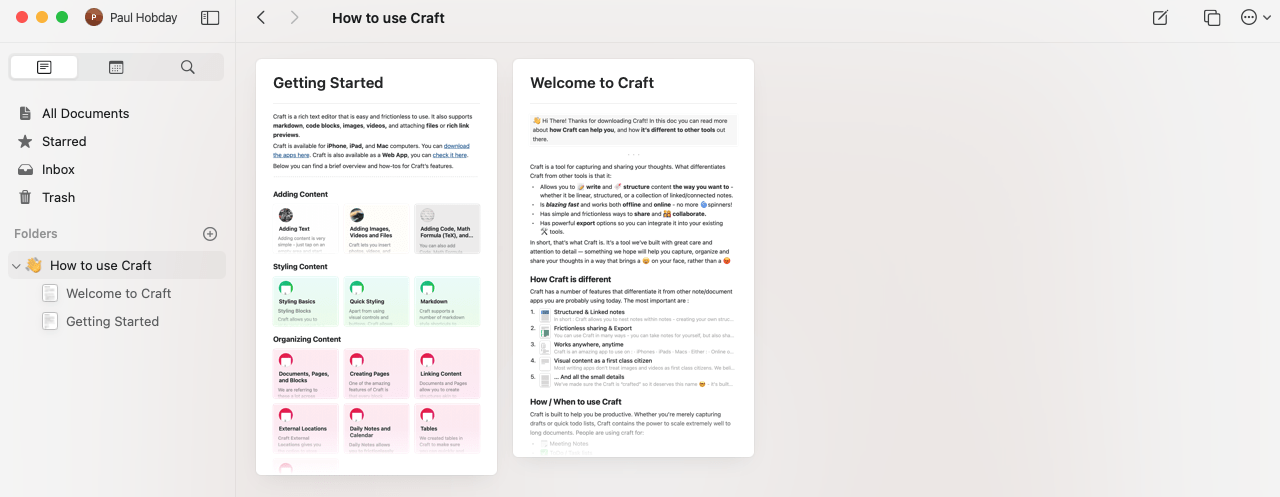 Notion vs Craft: Craft user interface