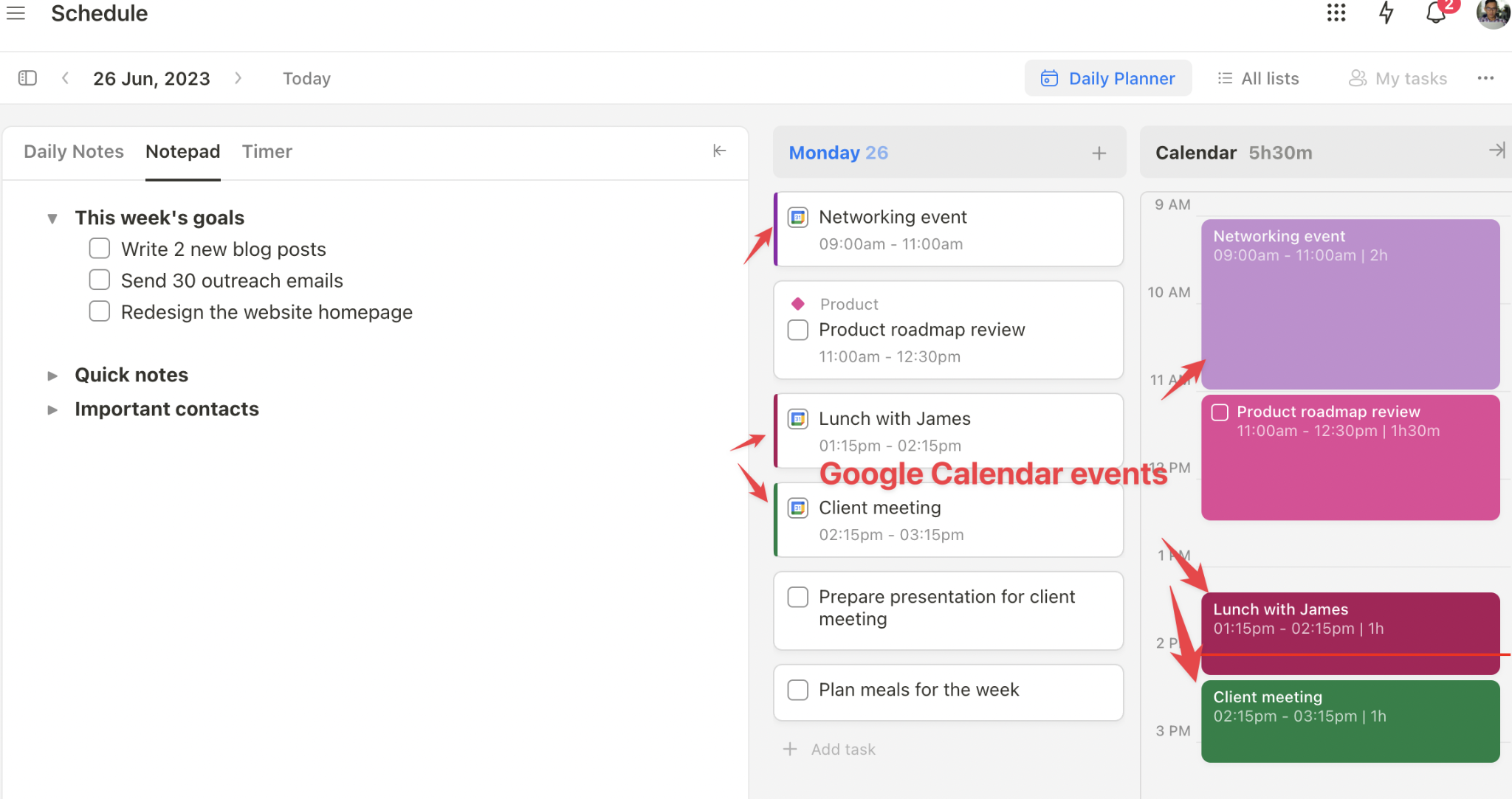 Upbase's Google Calendar integration