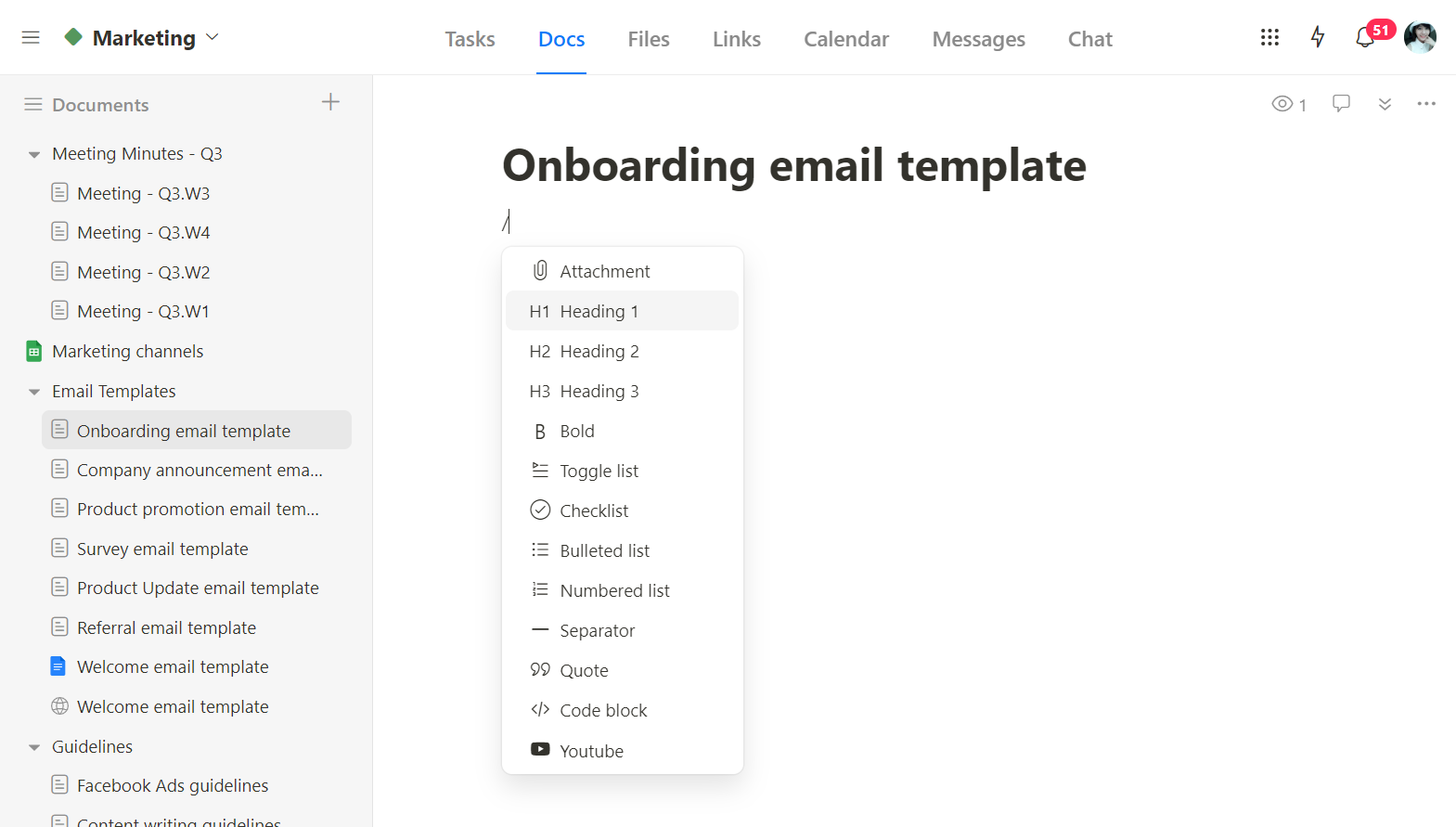 Upbase Docs tool supports various formatting options using slash commands