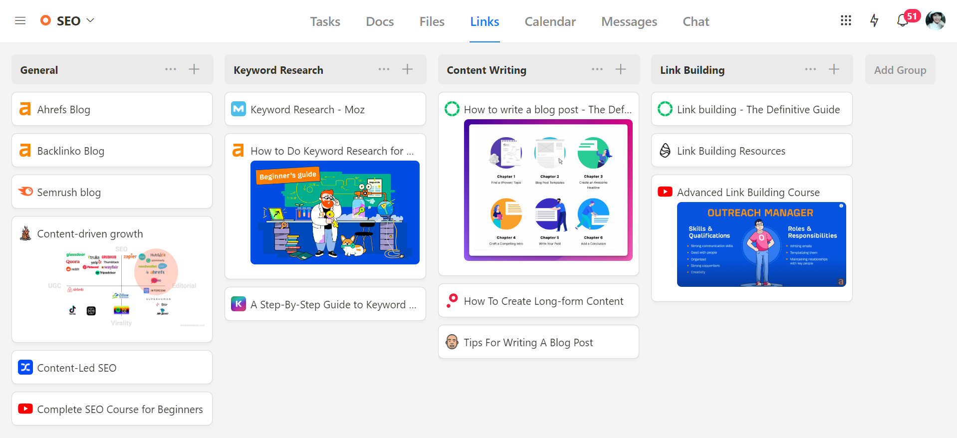 Upbase's links tool for project-related link management