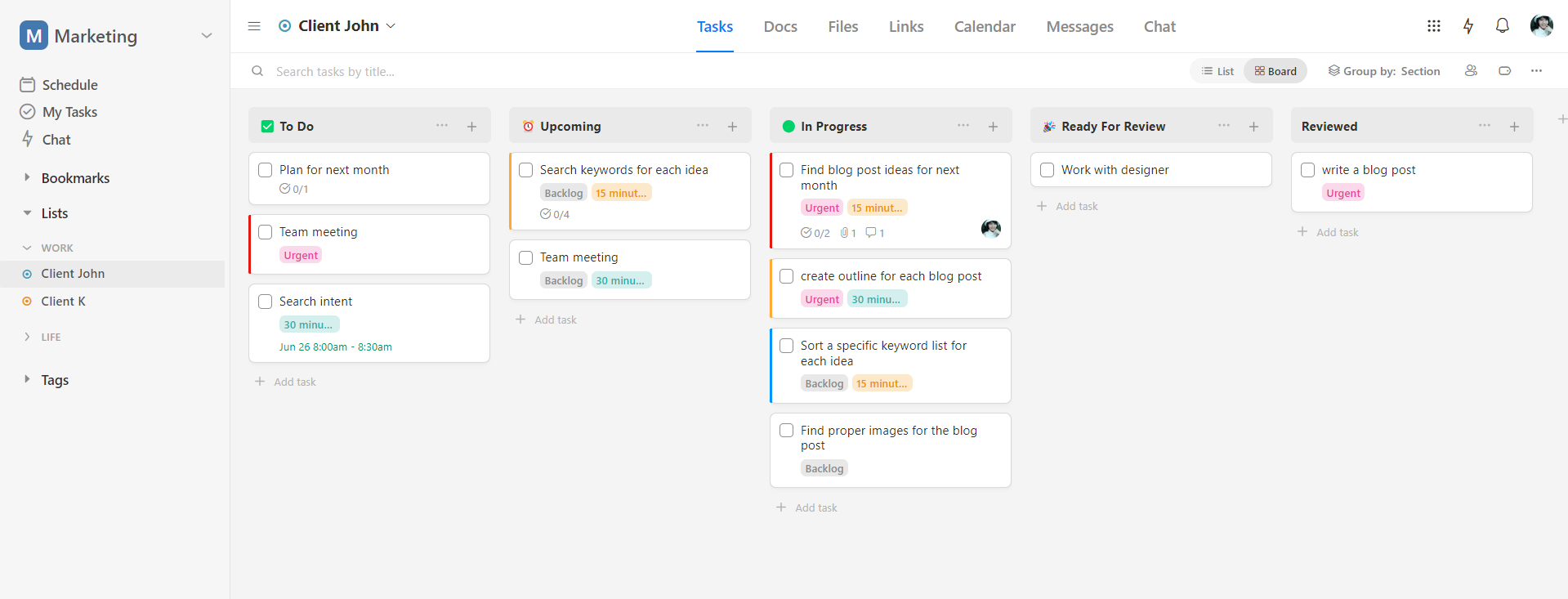 Upbase's board view - making it a good alternative to Smartsheet and Trello