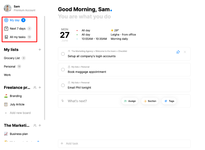 Any.do task organization: My day, Next 7 days, and All my tasks views