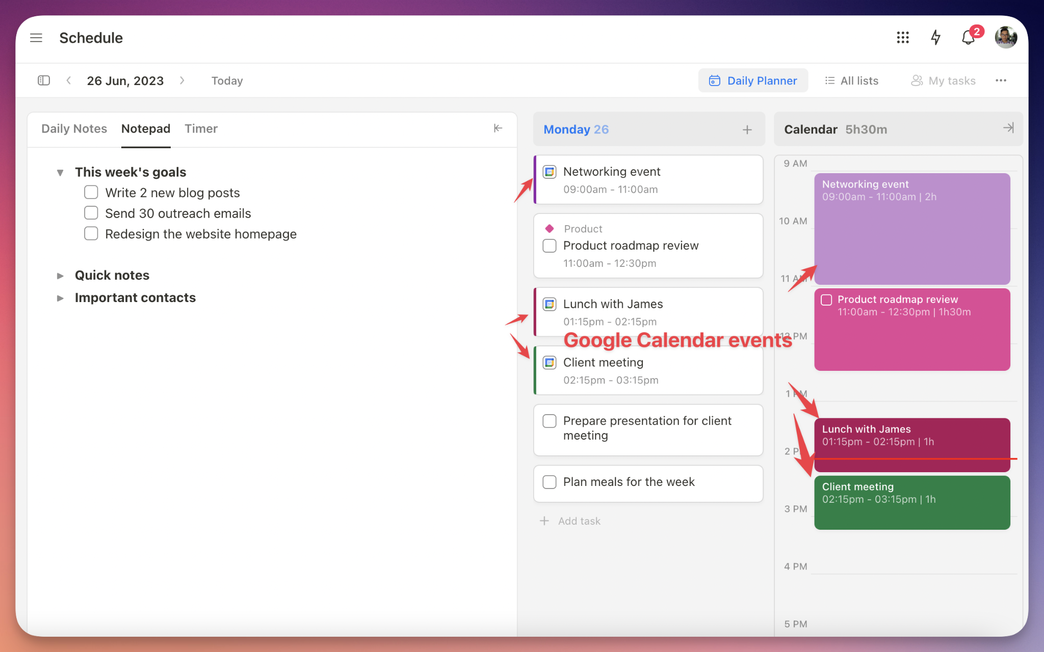 All events from the selected Google calendars will appear on the Upbase calendar with the same color as in Google Calendar.