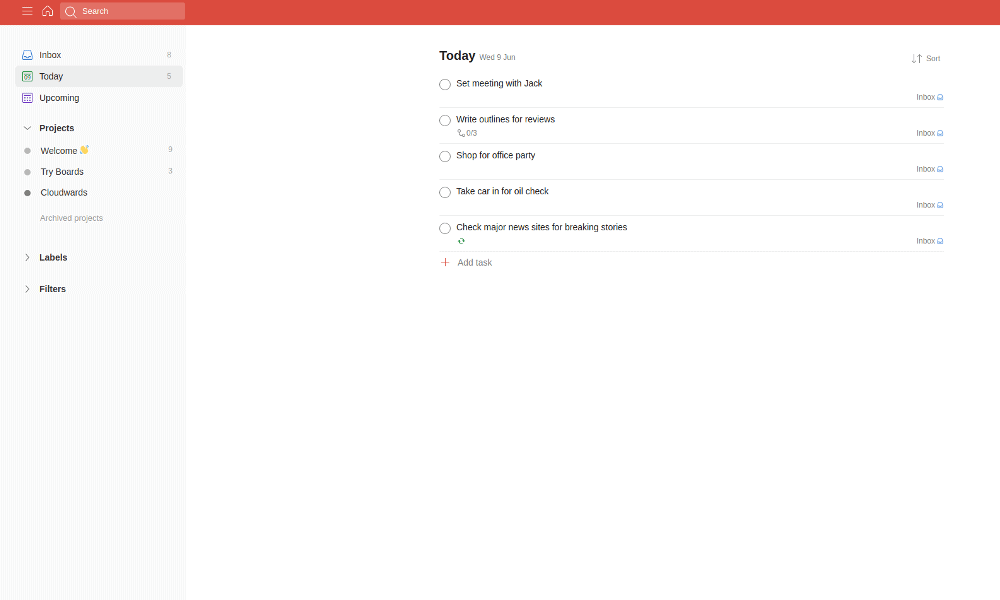 Todoist vs. Any.do: Todoist Today view and checklists