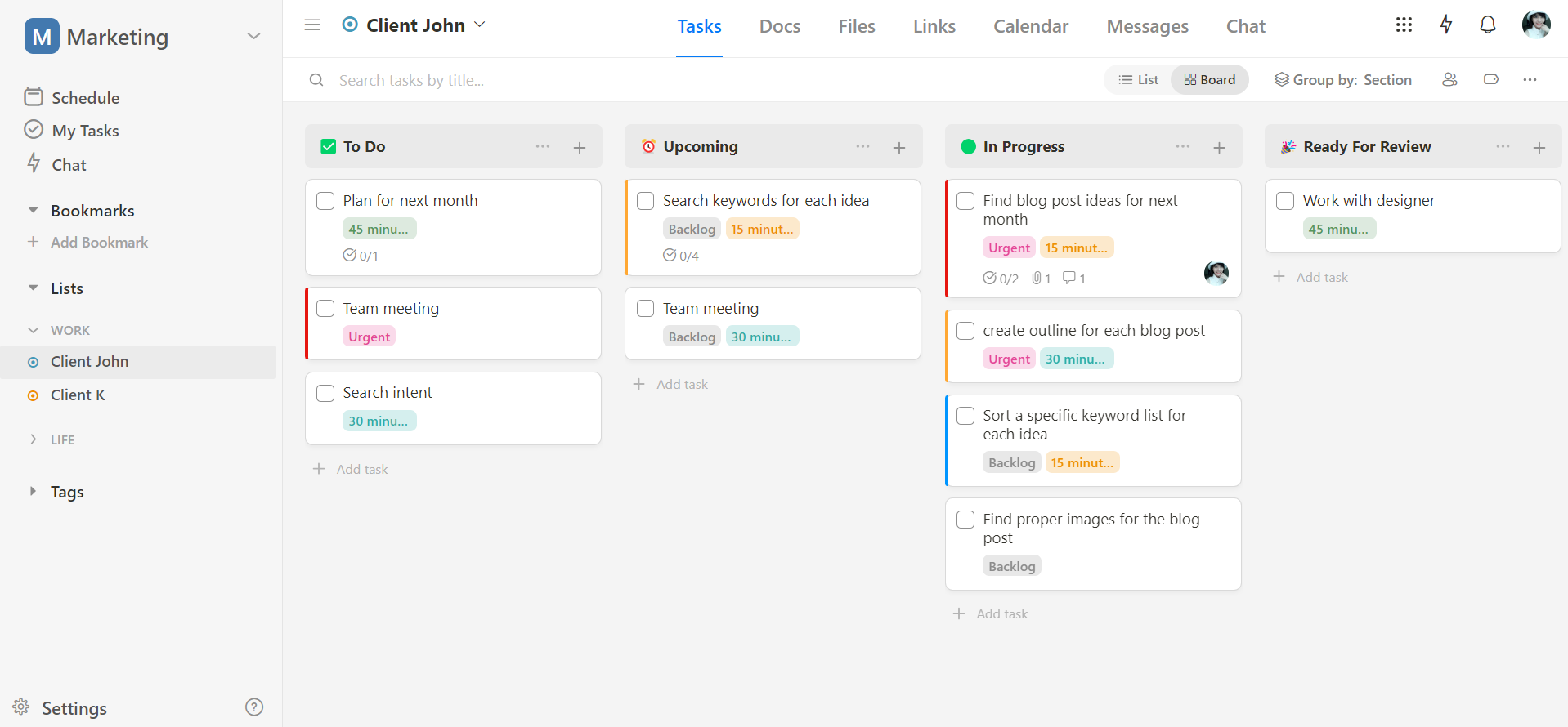 Upbase's simple and intuitive Board view, making it a great alternative to Basecamp