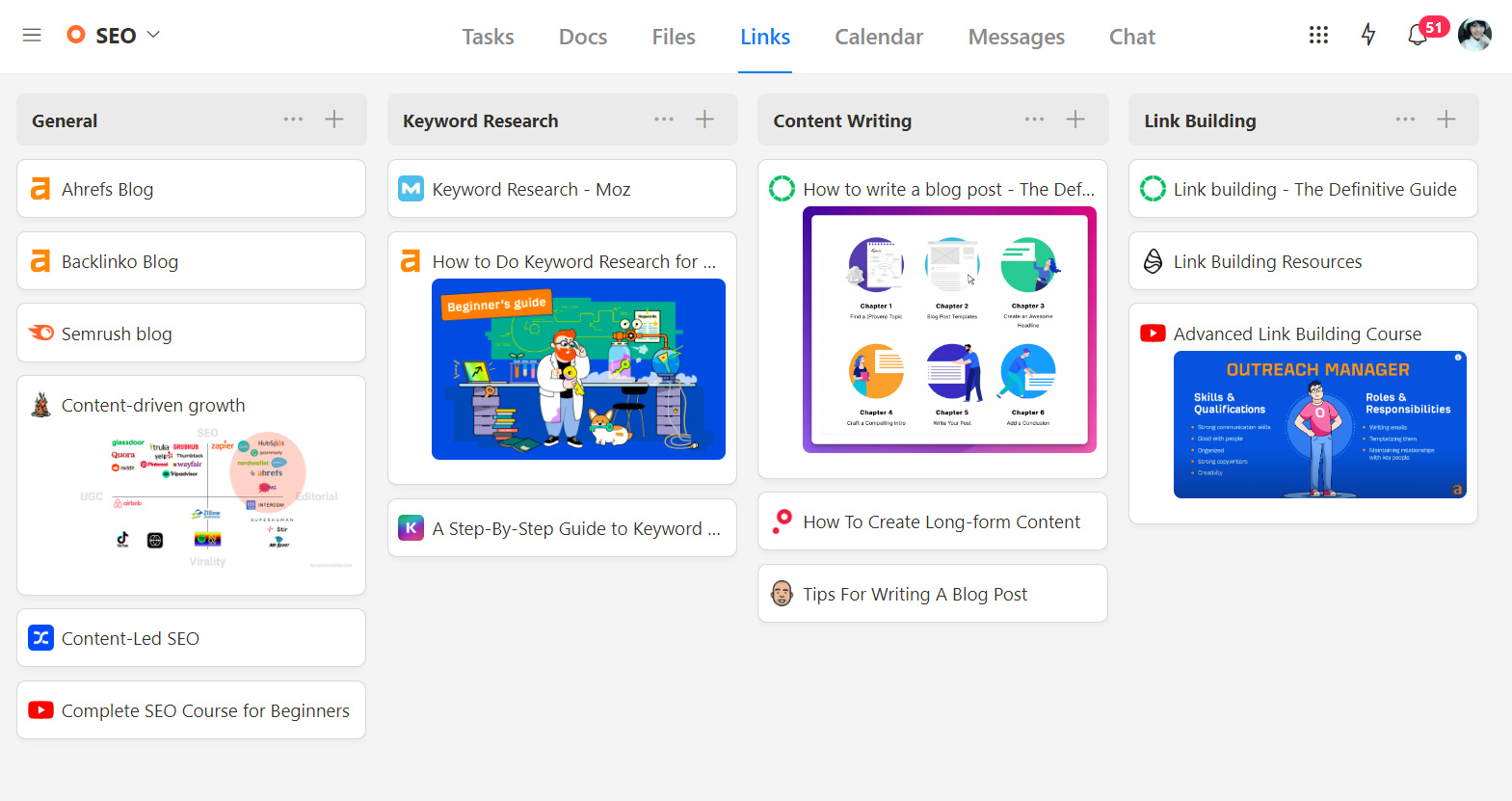 Upbase's Links tool for managing project-related links and resources