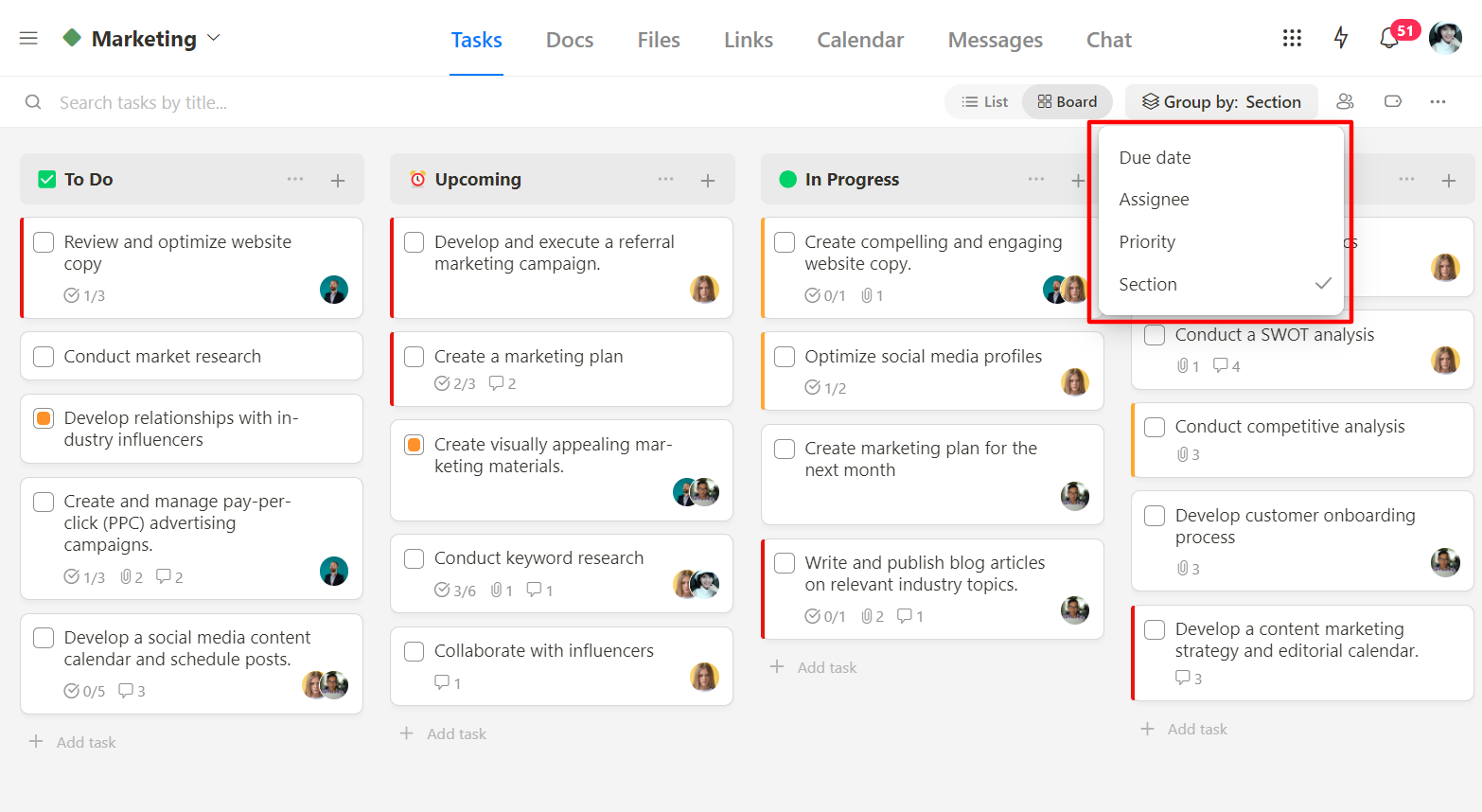 Upbase's sorts and filters for tasks