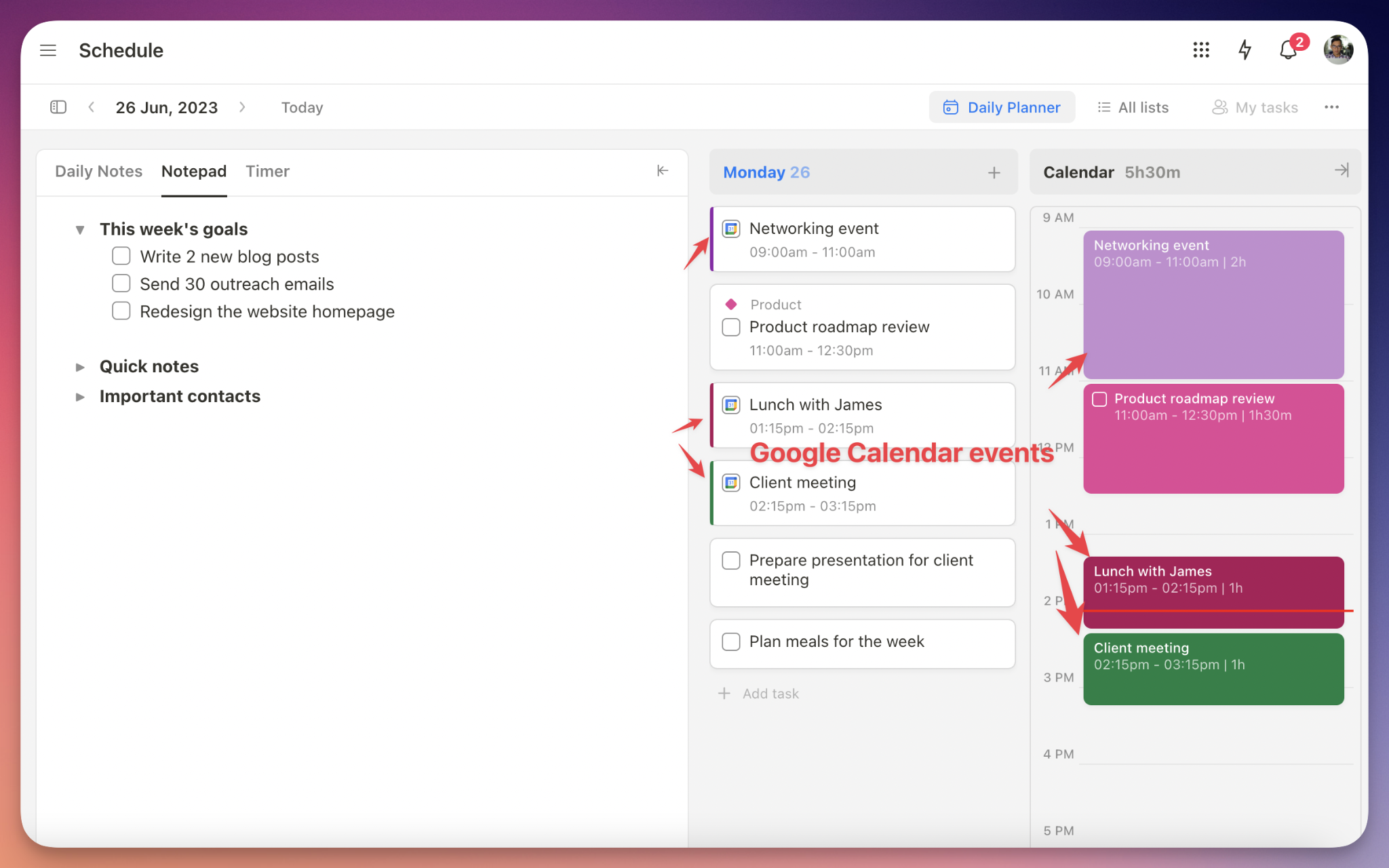 Upbase preserves the original color-coding of Google Calendar events when displaying them on its calendars and planners