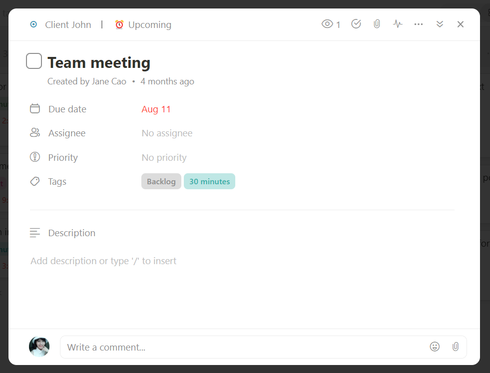 Upbase's task details, making it the best digital planner that syncs with Google Calendar