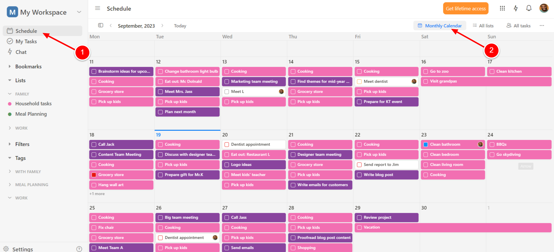 Upbase's Monthly Calendar view, making it a great family shared calendar app