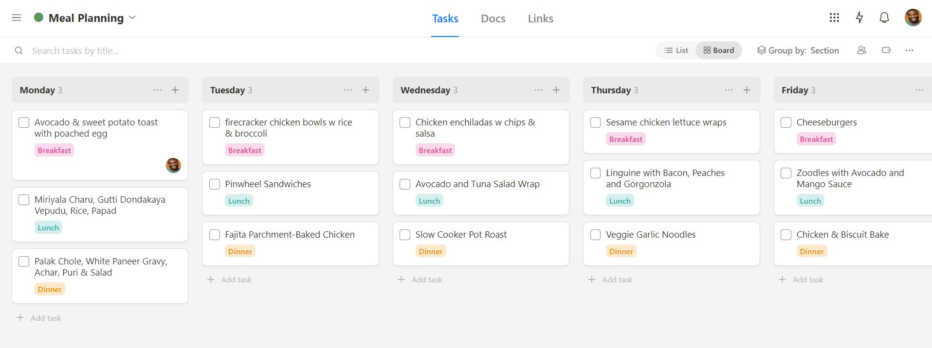 Upbase's Tasks is highly customizable into family's meal planners