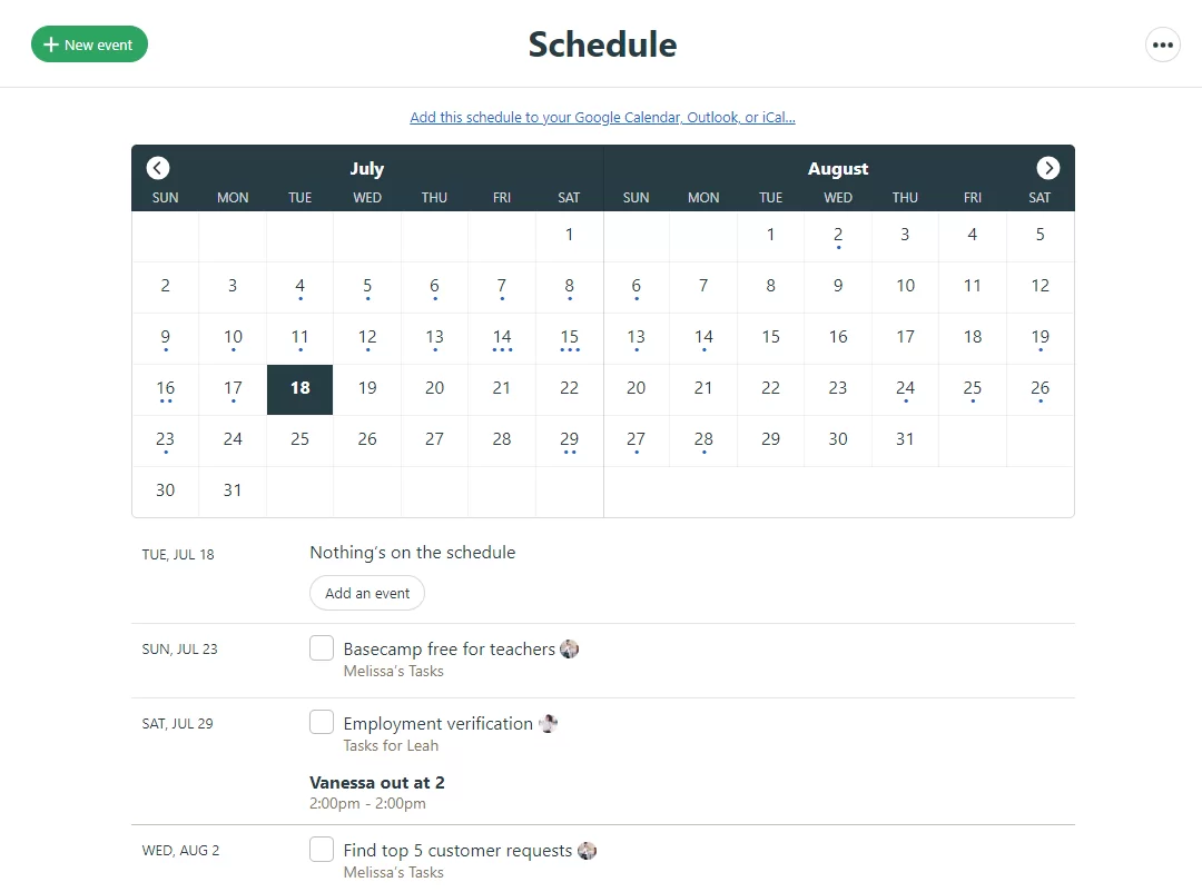 Basecamp vs. Upbase: Basecamp's schedule view