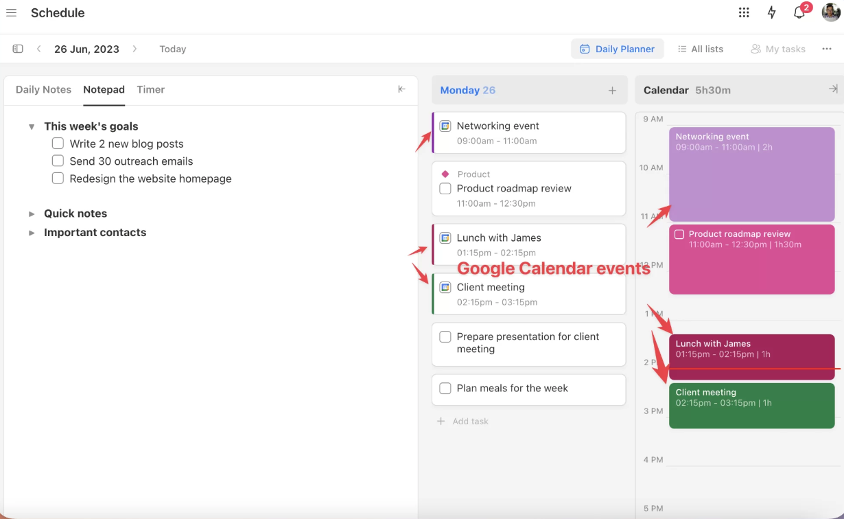 Upbase's integration with Google Calendar