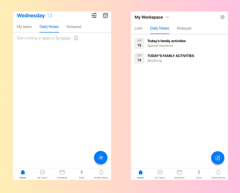 Upbase's Daily Notes interface on Android mobile devices