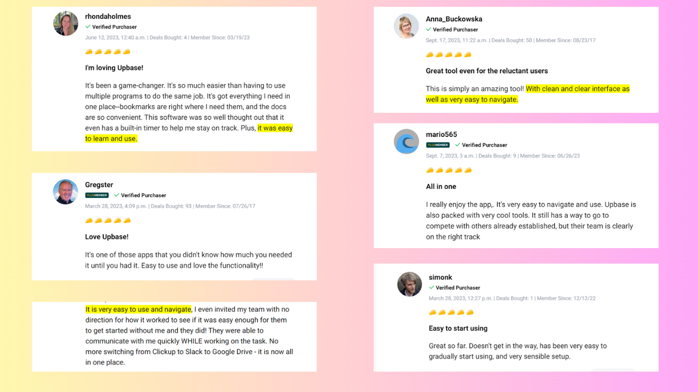 Upbase's customer reviews on its ease of use