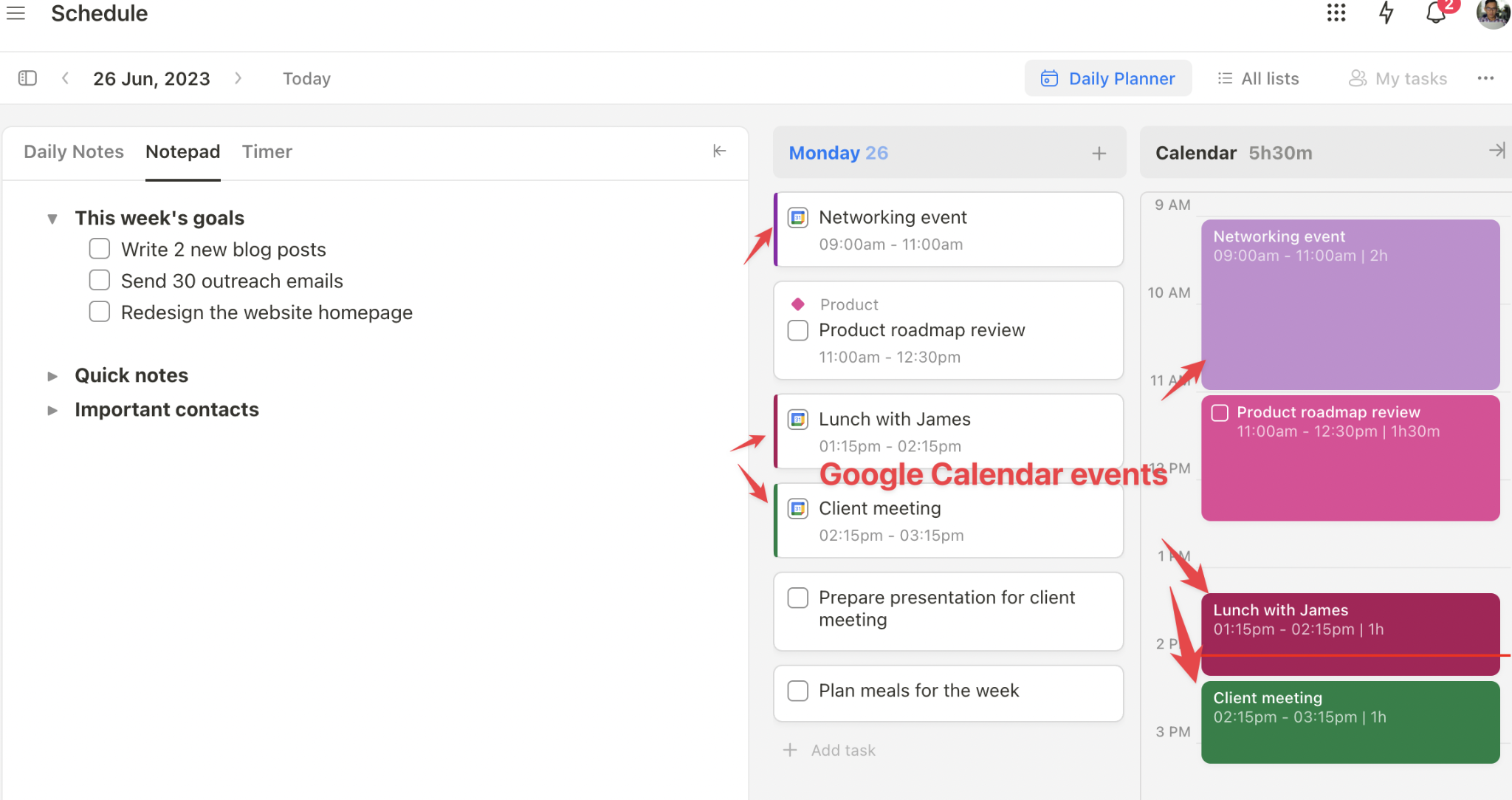 Upbase offers two-way sync with Google Calendar