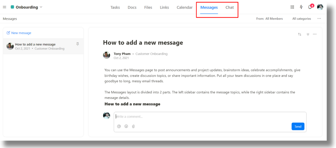 Upbase's Messages, Chat, and comments features make team communication seamless