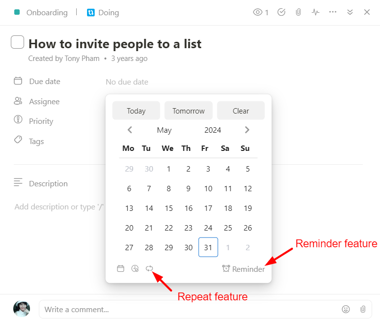 Reminder and recurring task features of Upbase