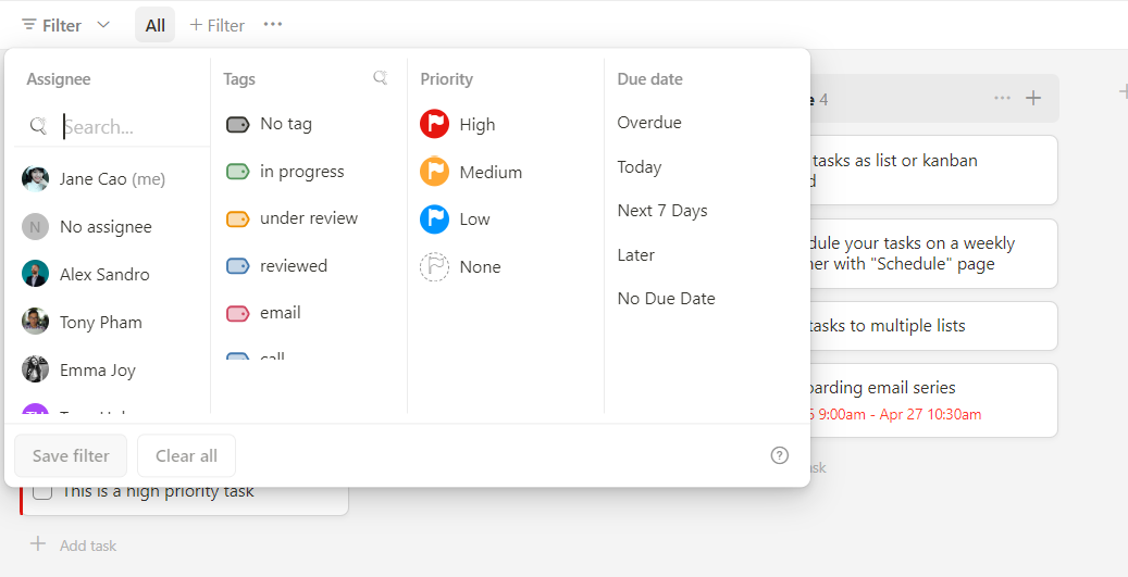 Custom filters of Upbase