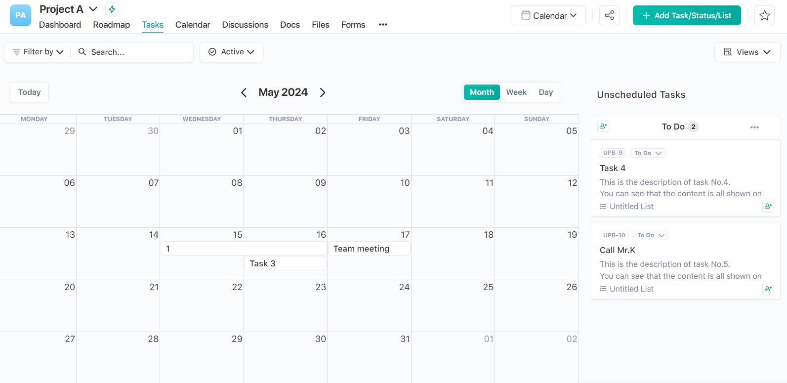 Calendar view in Nifty Project Management Software