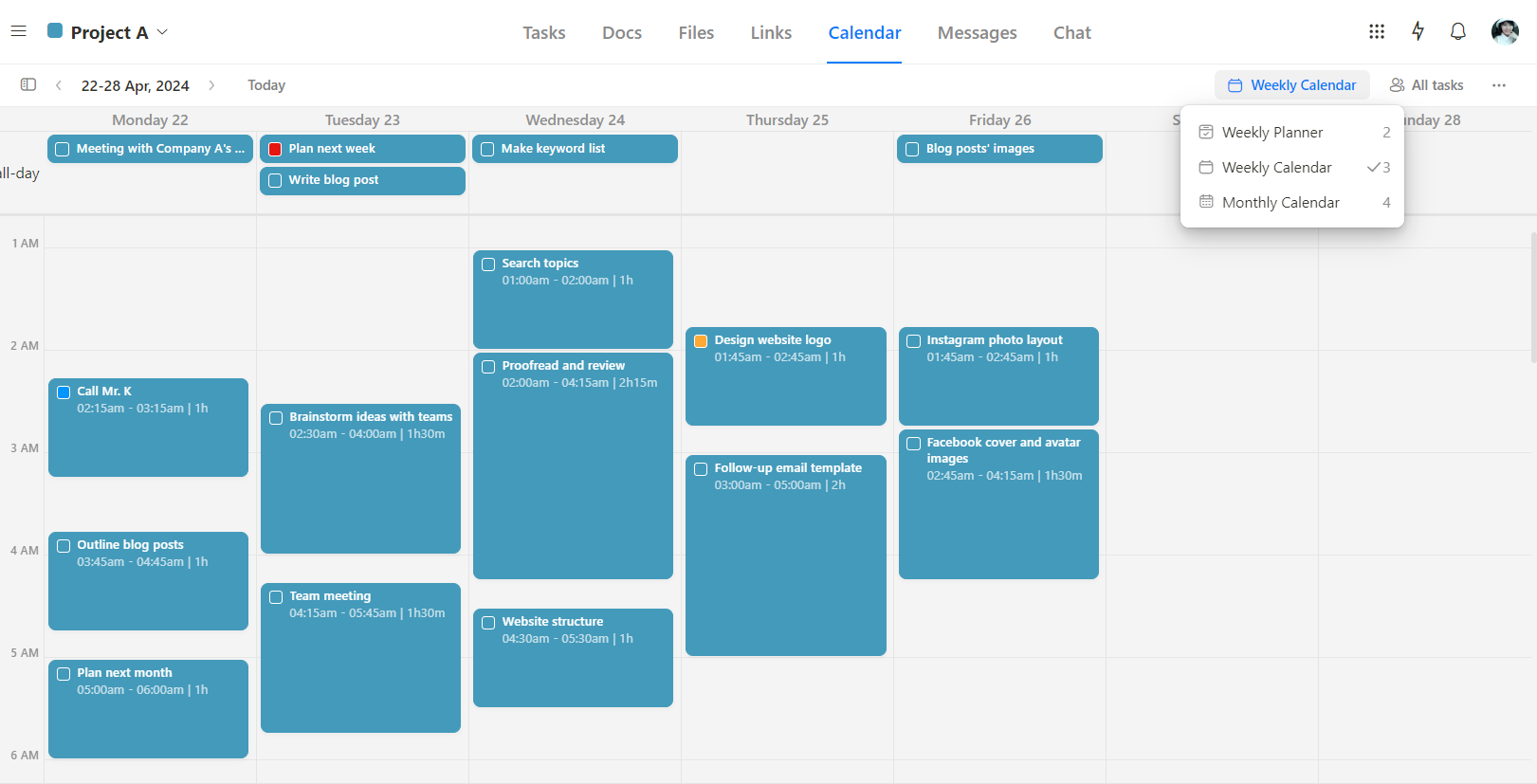 Upbase's Calendar view compared to Wrike's