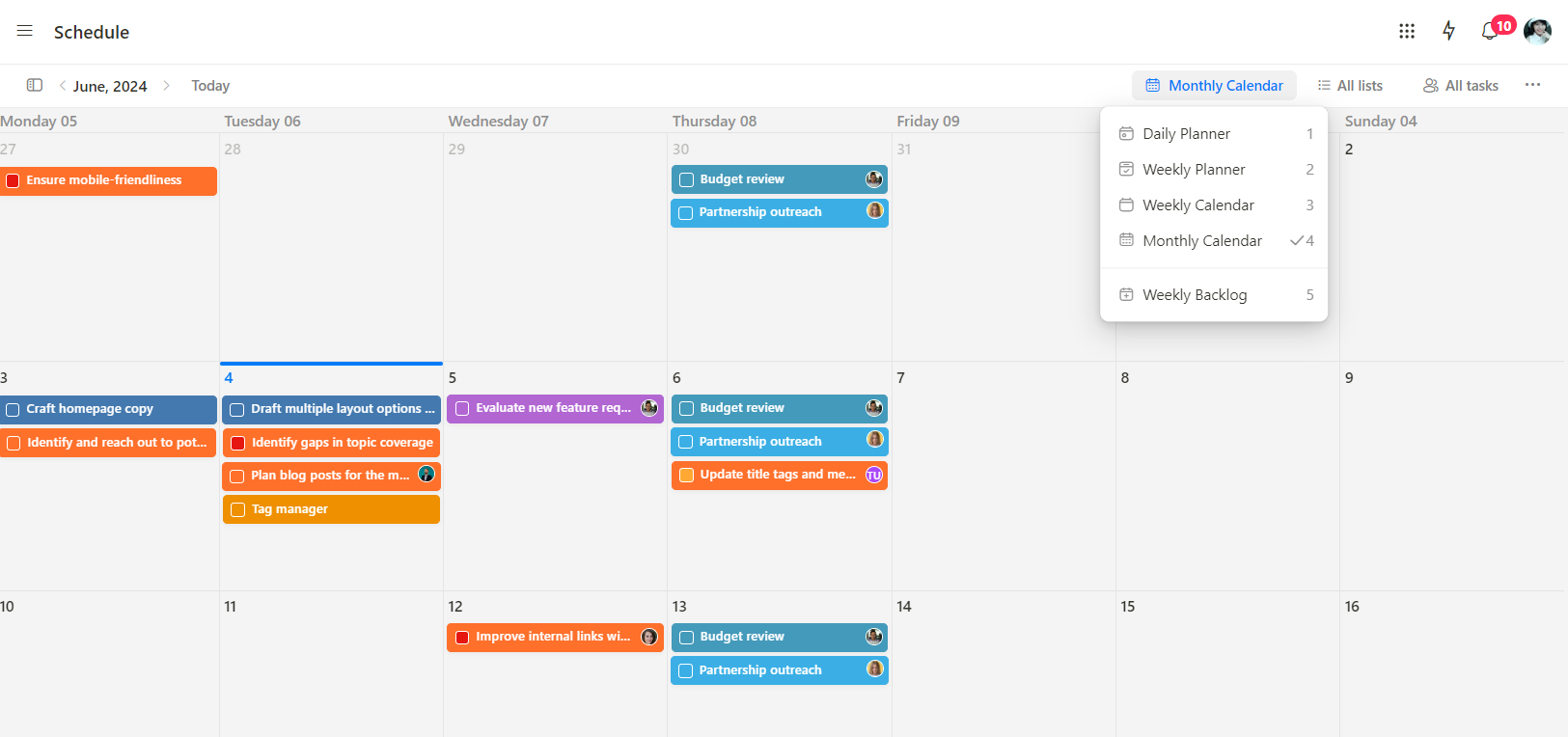 Upbase's schedule page is more robust than the Calendar view of Wrike project management software