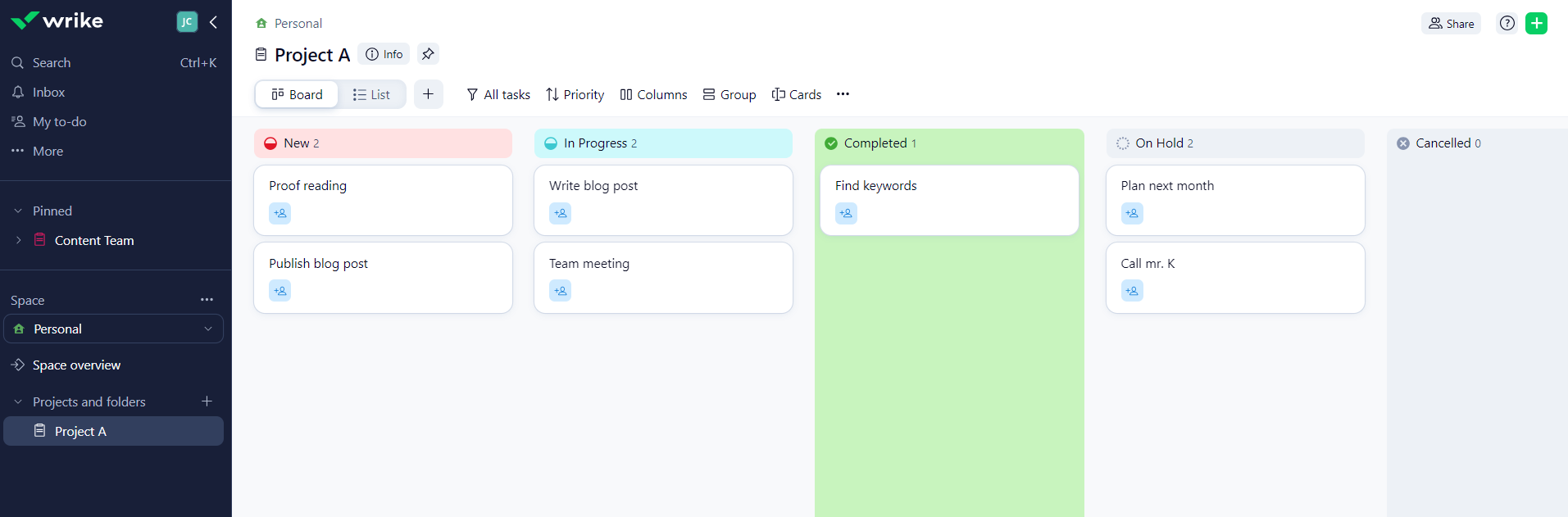 Spaces, Projects, and Tasks in Wrike project management software