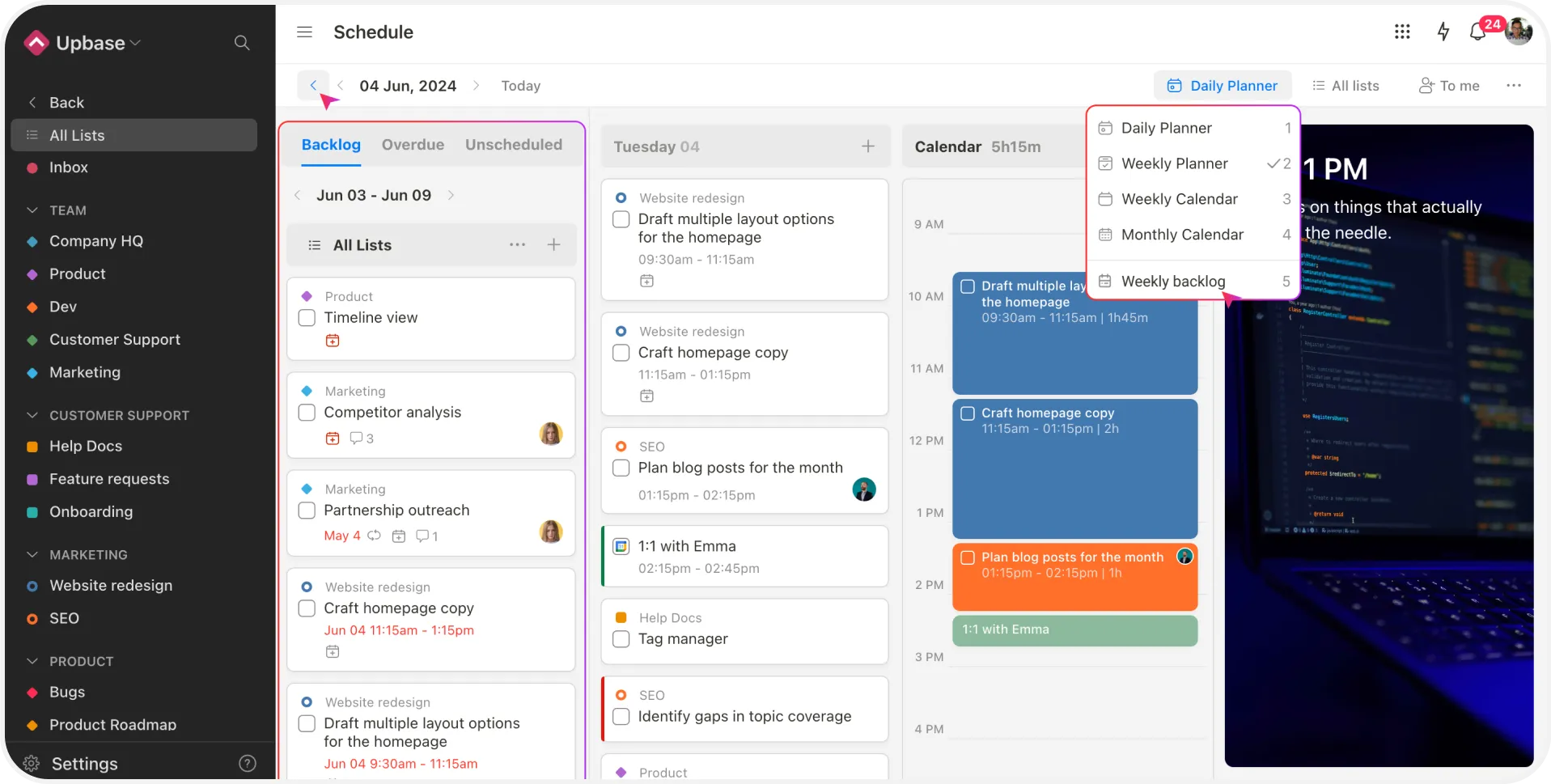 Upbase's weekly backlog feature