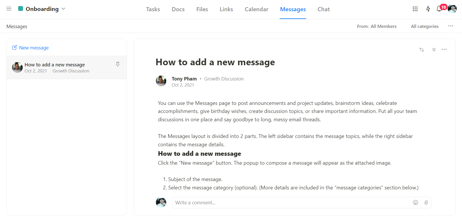 Upbase's messages tool, making it a great alternative to TickTick