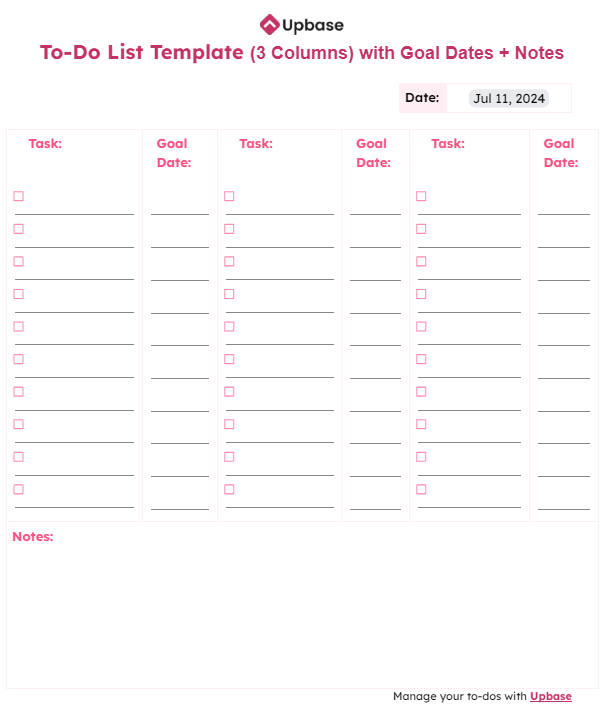 #12. To-do list template (three columns) with goal dates + notes