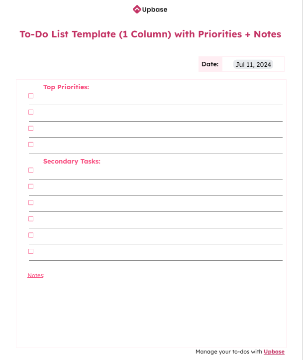 #13. Basic to-do list template (one column) with multiple priority level sections + notes