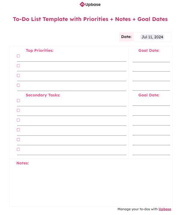 #14. Basic to-do list template (one column) with multiple priority level sections + notes + goal dates