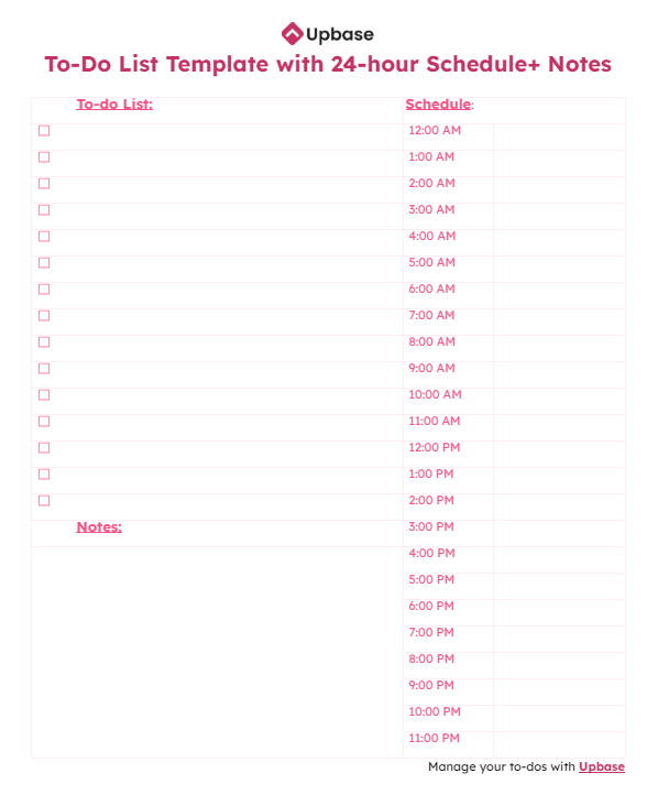 #16. To-do list template with 24-hour schedule + notes