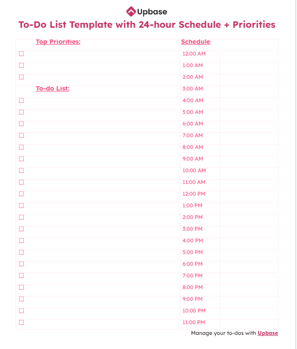 #17. To-do list template with 24-hour schedule + three high-priority tasks