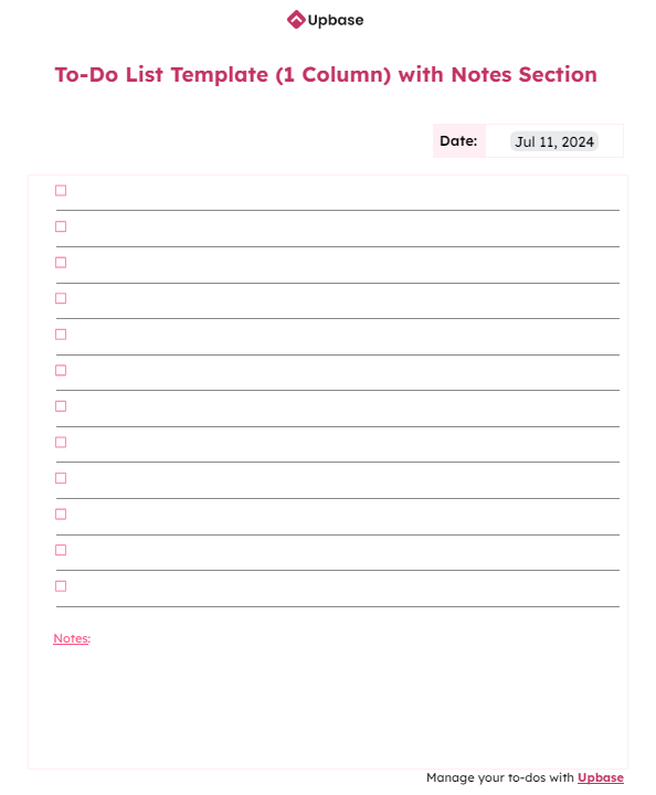 #2. To-do list template (one column) with a notes section