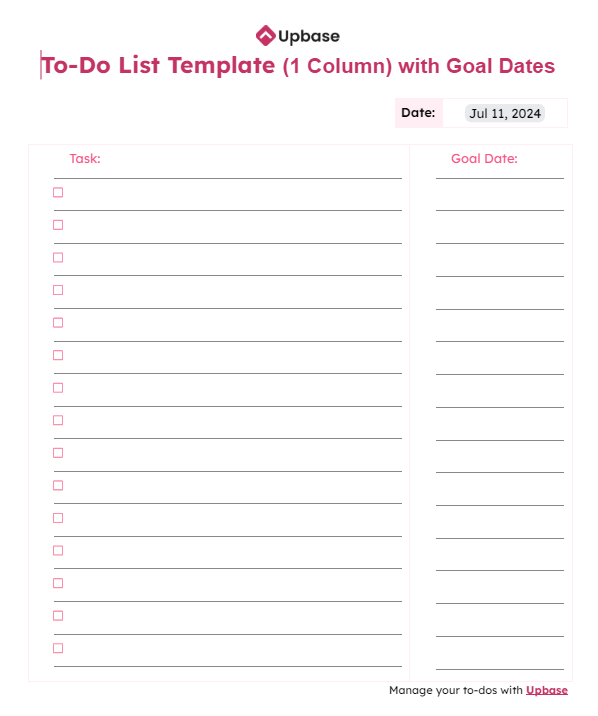 #3. To-do list template (one column) with goal dates