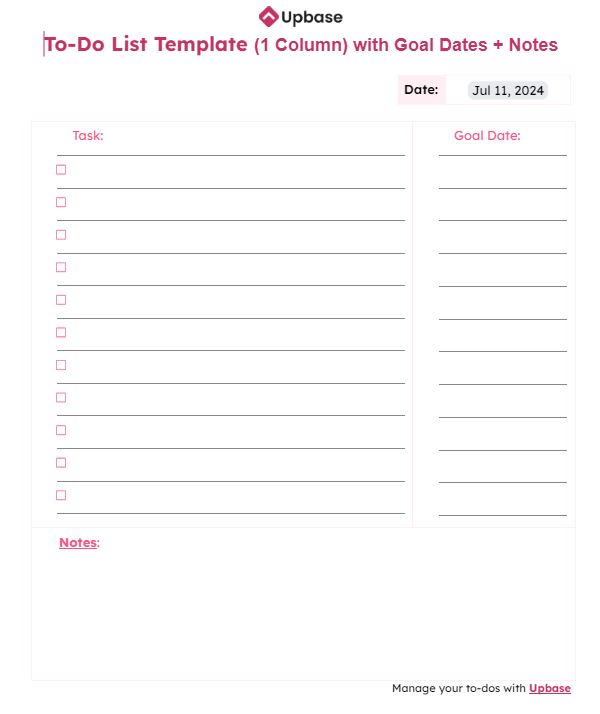 #4. To-do list template (one column) with goal dates + notes